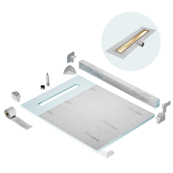 QM Shower Pan Kit 48" with a 36" Mist (Tile-in) Linear Drain Flange Edge Side Outlet in Gold