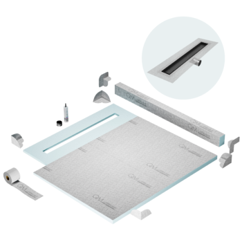 QM Shower Pan Kit 56" with a 48" Mist (Tile-in) Linear Drain Flange Edge Side Outlet in Black