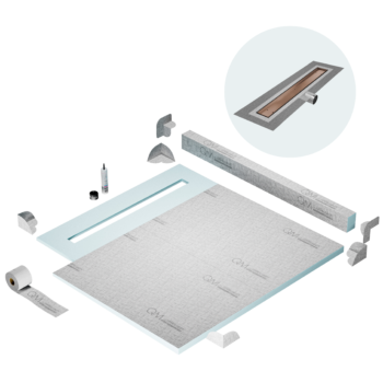 QM Shower Pan Kit 56" with a 48" Mist (Tile-in) Linear Drain Flange Edge Side Outlet in Bronze