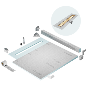 QM Shower Pan Kit 56" with a 48" Mist (Tile-in) Linear Drain Flange Edge Side Outlet in Gold