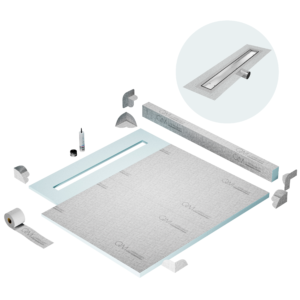 QM Shower Pan Kit 56″ with a 48″ Mist (Tile-in) Linear Drain Flange Edge Side Outlet in Satin