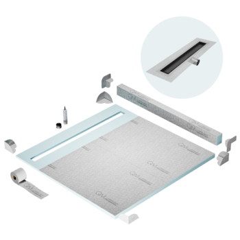 QM Shower Pan Kit 64" with a 58" Mist (Tile-in) Linear Drain Flange Edge Side Outlet in Black