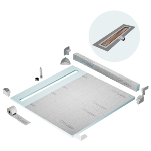 QM Shower Pan Kit 64″ with a 58″ Mist (Tile-in) Linear Drain Flange Edge Side Outlet in Bronze