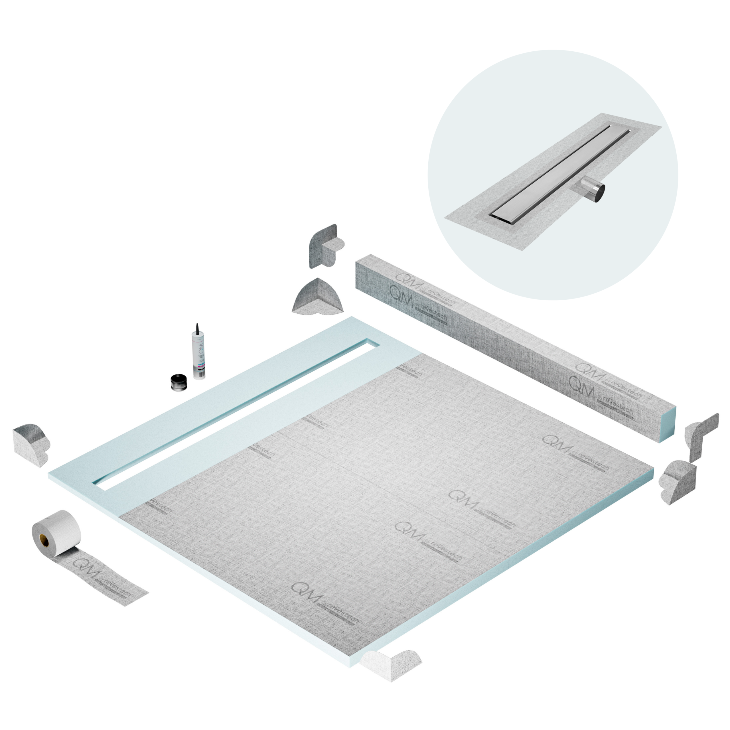 QM Shower Pan Kit 64" with a 58" Mist (Tile-in) Linear Drain Flange Edge Side Outlet Frameless