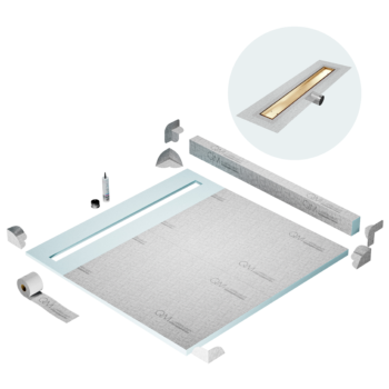 QM Shower Pan Kit 64" with a 58" Mist (Tile-in) Linear Drain Flange Edge Side Outlet in Gold
