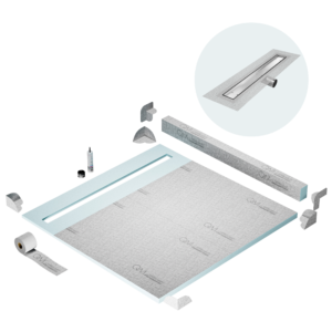 QM Shower Pan Kit 64″ with a 58″ Mist (Tile-in) Linear Drain Flange Edge Side Outlet in Satin