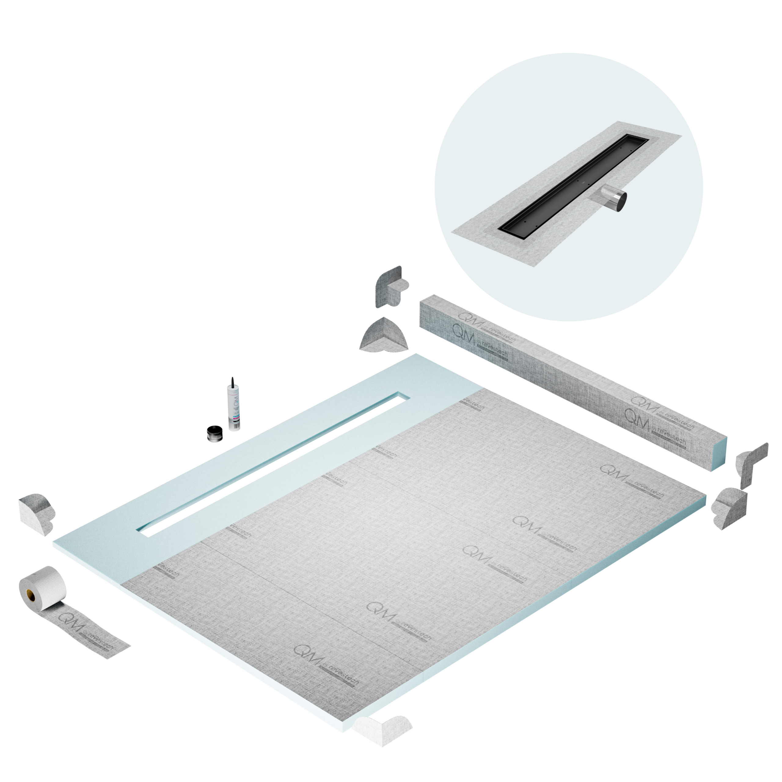 QM Shower Pan Kit 80" with a 58" Mist (Tile-in) Linear Drain Flange Edge Side Outlet in Black