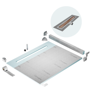 QM Shower Pan Kit 80″ with a 58″ Mist (Tile-in) Linear Drain Flange Edge Side Outlet in Bronze