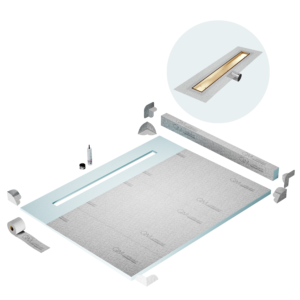 QM Shower Pan Kit 80″ with a 58″ Mist (Tile-in) Linear Drain Flange Edge Side Outlet in Gold