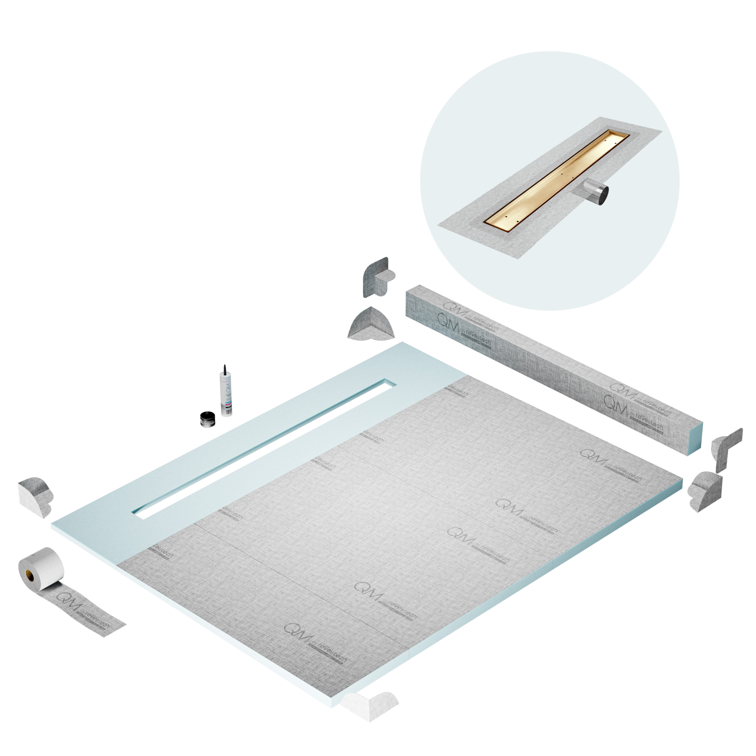 QM Shower Pan Kit 80" with a 58" Mist (Tile-in) Linear Drain Flange Edge Side Outlet in Gold