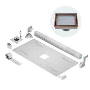 QM Center Shower Pan Kit 32″ x 63″ with 4″Veil (Tile-In) Square Drain in Bronze