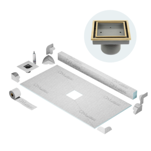 QM Center Shower Pan Kit 32″ x 63″ with 4″Veil (Tile-In) Square Drain in Gold