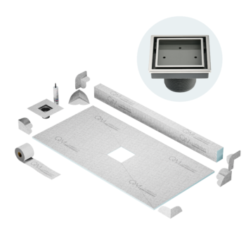 QM Center Shower Pan Kit 32" x 63" with 4"Veil (Tile-In) Square Drain in Polished
