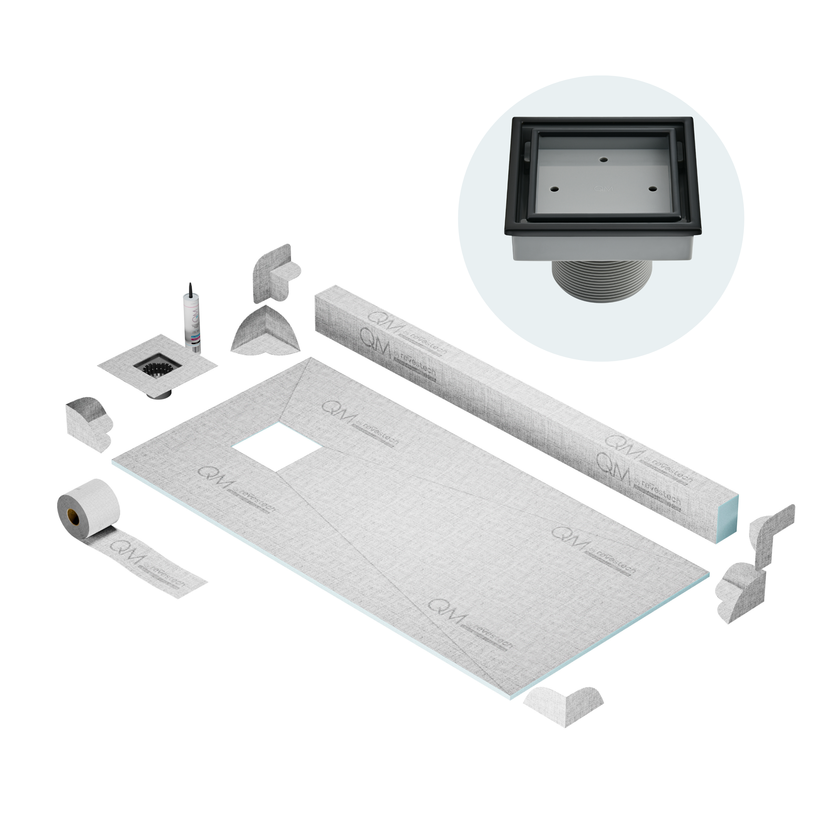 QM Off-Center Shower Pan Kit 32" x 63" with 4"Veil (Tile-In) Square Drain in Black