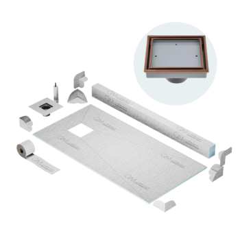 QM Off-Center Shower Pan Kit 32" x 63" with 4"Veil (Tile-In) Square Drain in Black