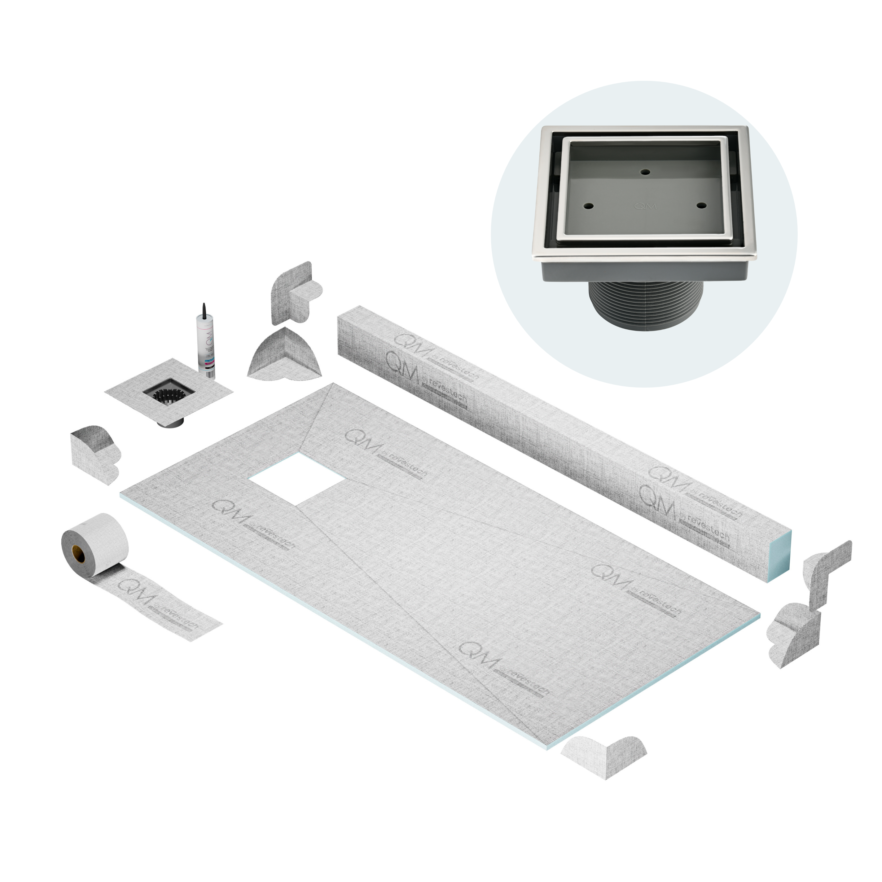 QM Off-Center Shower Pan Kit 32" x 63" with 4"Veil (Tile-In) Square Drain in Polished