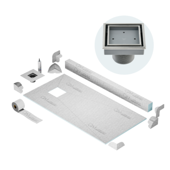 QM Off-Center Shower Pan Kit 32" x 63" with 4"Veil (Tile-In) Square Drain in Satin