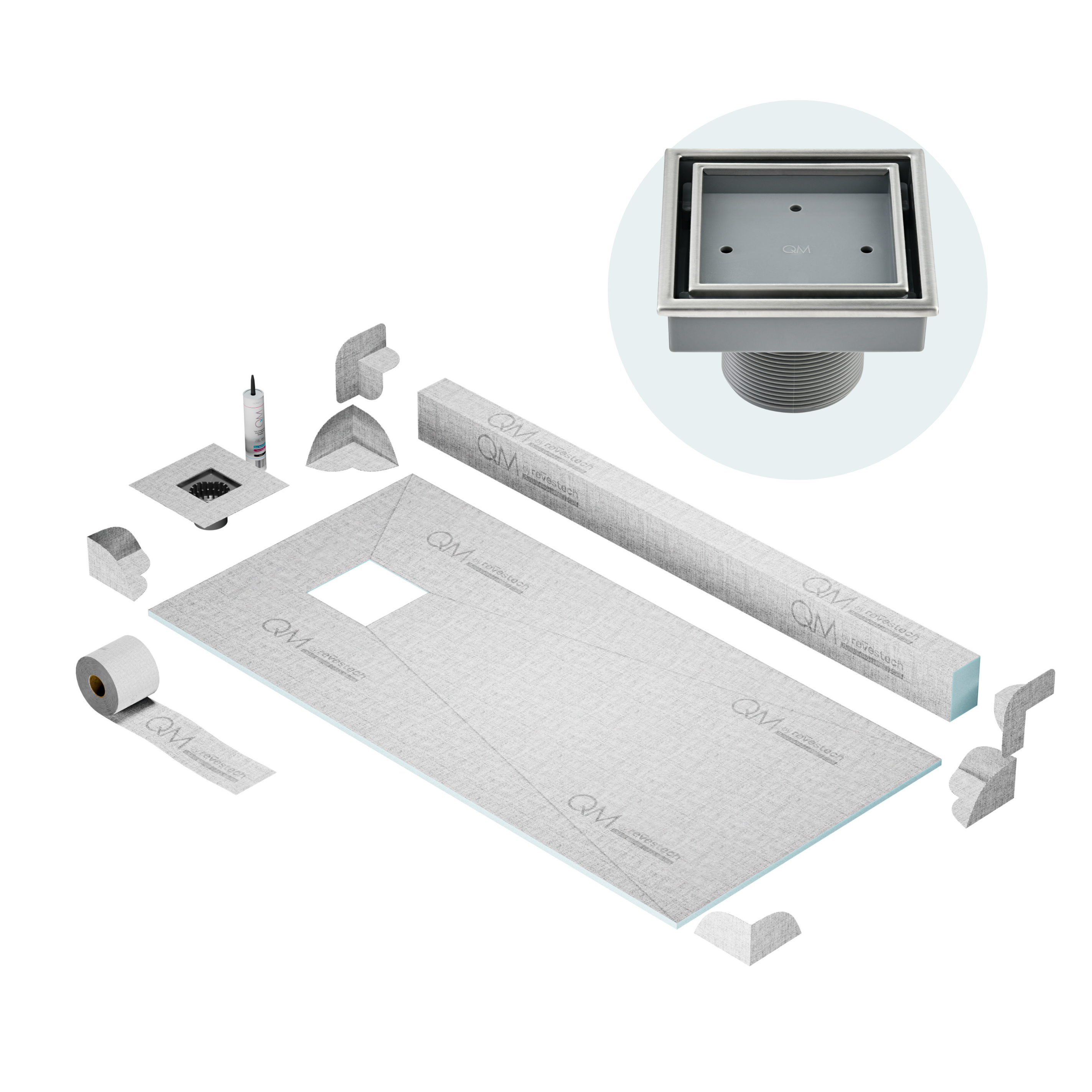 QM Off-Center Shower Pan Kit 32" x 63" with 4"Veil (Tile-In) Square Drain in Satin