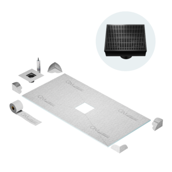QM Center Shower Pan Kit 32" x 63" with 4" Wedgewire Square Drain in Black