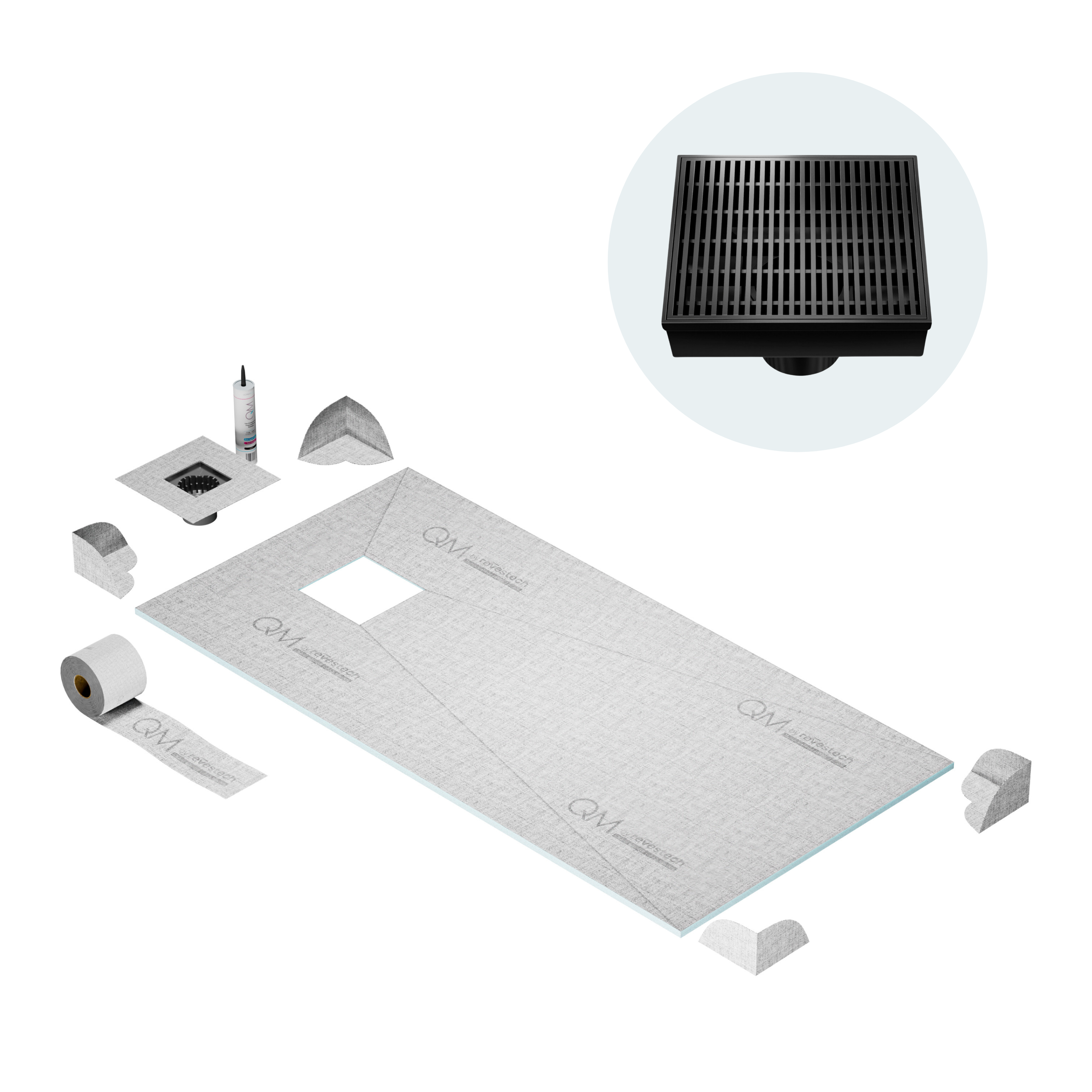 QM Off-Center Shower Pan Kit 32" x 63" with 4" Wedgewire Square Drain in Black