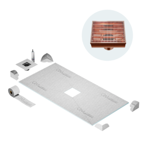 QM Center Shower Pan Kit 32″ x 63″ with 4″ Wedgewire Square Drain in Bronze