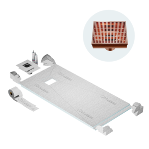 QM Off-Center Shower Pan Kit 32″ x 63″ with 4″ Wedgewire Square Drain in Bronze