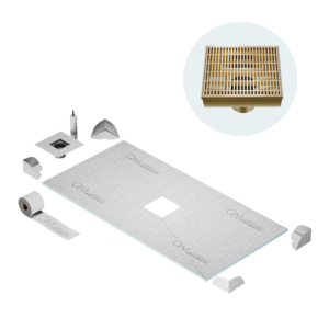 QM Center Shower Pan Kit 32″ x 63″ with 4″ Wedgewire Square Drain in Gold