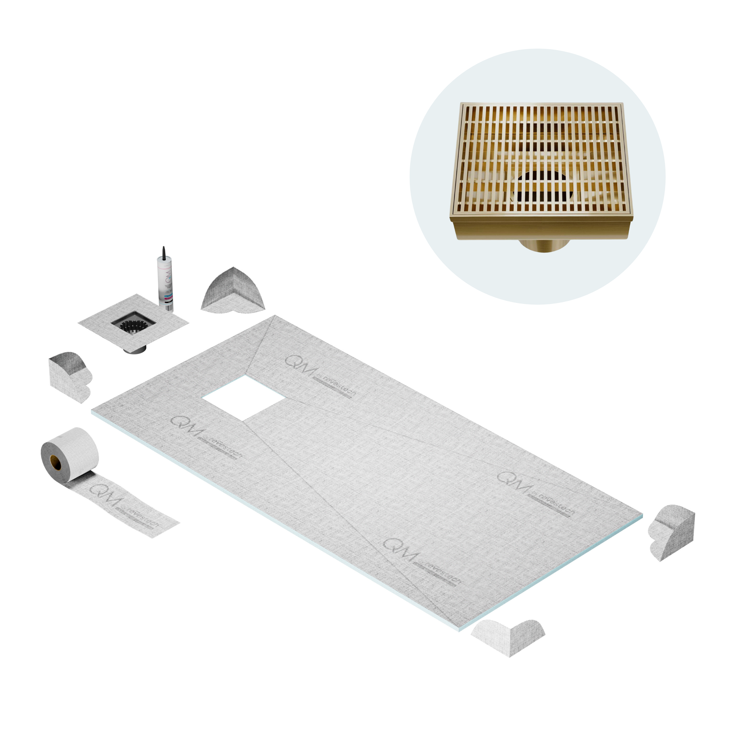 QM Off-Center Shower Pan Kit 32" x 63" with 4" Wedgewire Square Drain in Gold