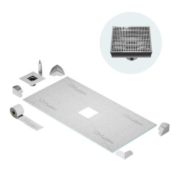 QM Center Shower Pan Kit 32" x 63" with 4" Wedgewire Square Drain in Polished