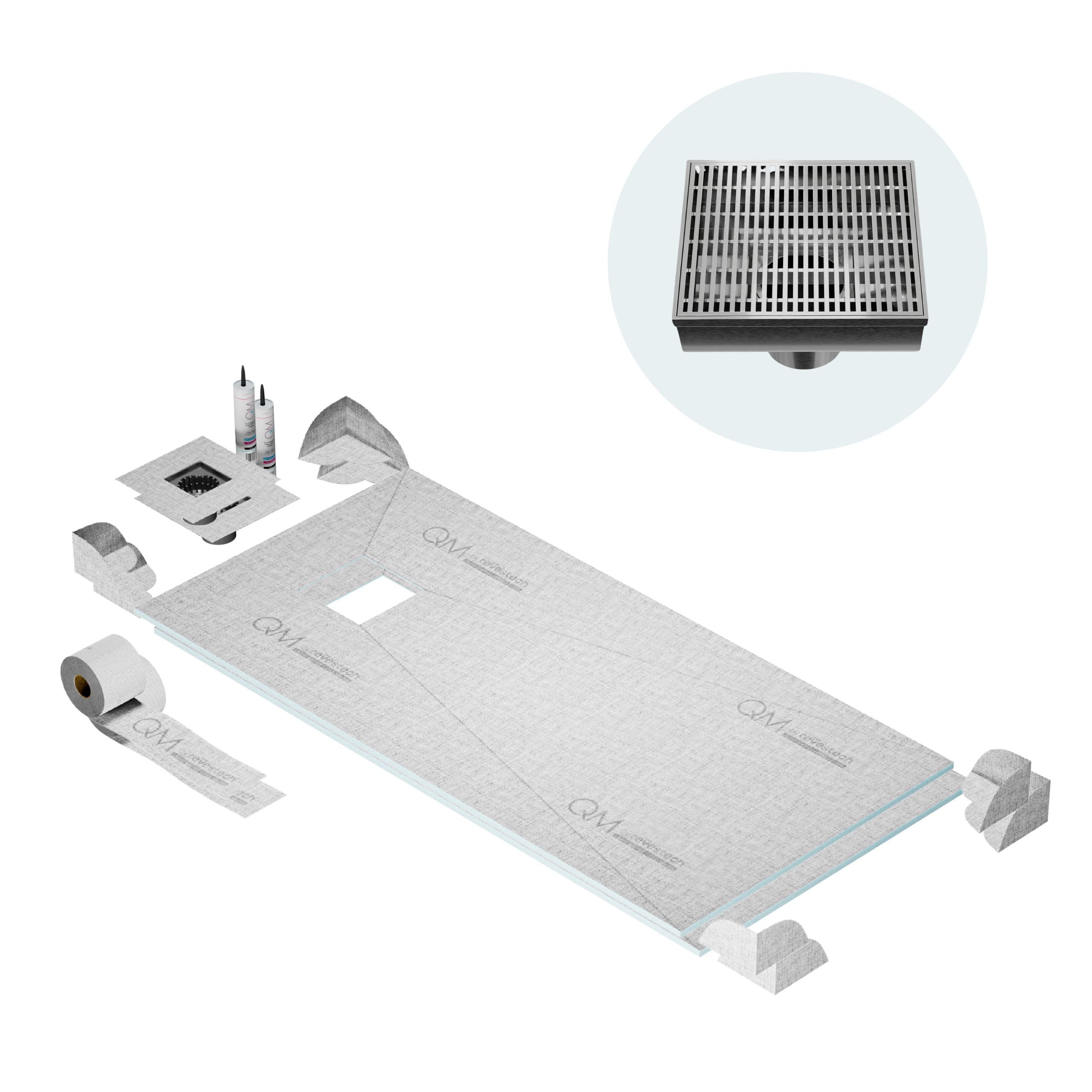 QM Off-Center Shower Pan Kit 32" x 63" with 4" Wedgewire Square Drain in Polished