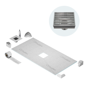 QM Center Shower Pan Kit 32″ x 63″ with 4″ Wedgewire Square Drain in Satin