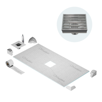 QM Center Shower Pan Kit 32" x 63" with 4" Wedgewire Square Drain in Satin