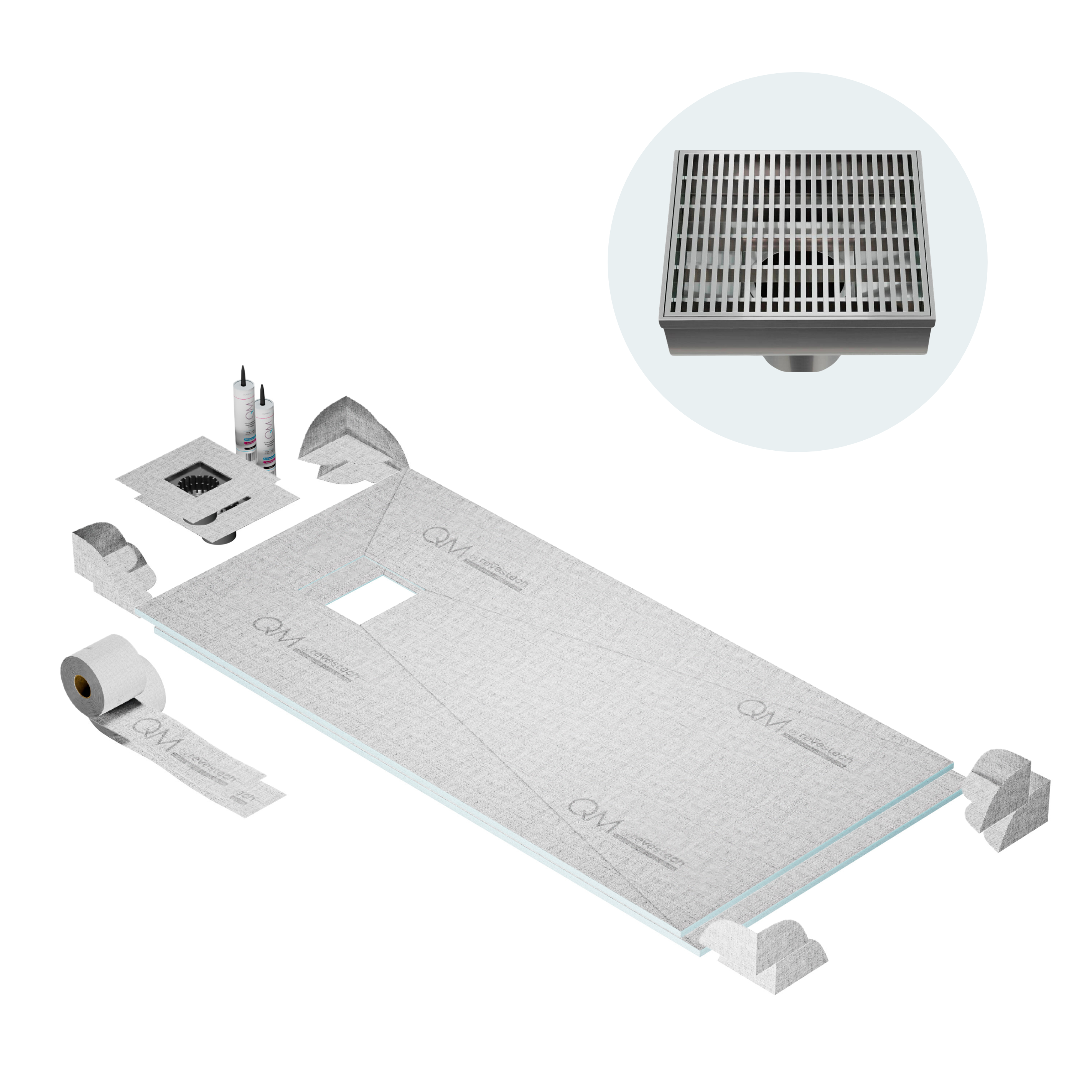 QM Off-Center Shower Pan Kit 32" x 63" with 4" Wedgewire Square Drain in Satin