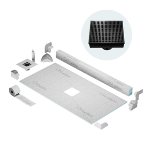 QM Curbless Center Shower Pan Kit 32″ x 63″ with 4″ Wedgewire Square Drain in Black