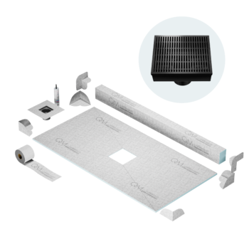 QM Curbless Center Shower Pan Kit 32" x 63" with 4" Wedgewire Square Drain in Black