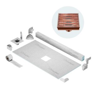 QM Curbless Center Shower Pan Kit 32″ x 63″ with 4″ Wedgewire Square Drain in Bronze