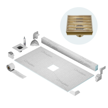 QM Curbless Center Shower Pan Kit 32" x 63" with 4" Wedgewire Square Drain in Gold