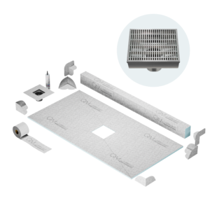 QM Curbless Center Shower Pan Kit 32″ x 63″ with 4″ Wedgewire Square Drain in Polished