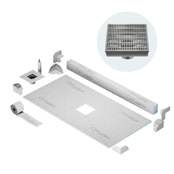 QM Curbless Center Shower Pan Kit 32" x 63" with 4" Wedgewire Square Drain in Polished