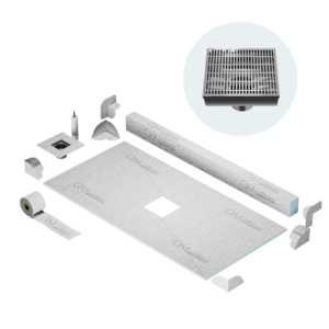 QM Curbless Center Shower Pan Kit 32″ x 63″ with 4″ Wedgewire Square Drain in Satin