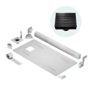 QM Curbless Off-Center Shower Pan Kit 32″ x 63″ with 4″ Wedgewire Square Drain in Black