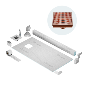 QM Curbless Off-Center Shower Pan Kit 32″ x 63″ with 4″ Wedgewire Square Drain in Bronze