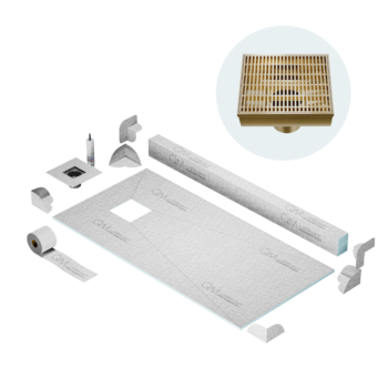 QM Curbless Off-Center Shower Pan Kit 32" x 63" with 4" Wedgewire Square Drain in Gold