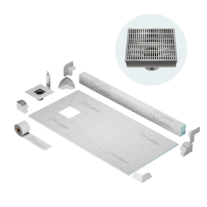 QM Curbless Off-Center Shower Pan Kit 32″ x 63″ with 4″ Wedgewire Square Drain in Polished