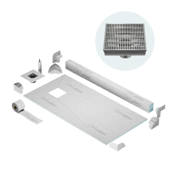 QM Curbless Off-Center Shower Pan Kit 32" x 63" with 4" Wedgewire Square Drain in Polished