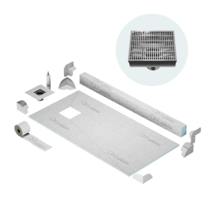 QM Curbless Off-Center Shower Pan Kit 32″ x 63″ with 4″ Wedgewire Square Drain in Satin