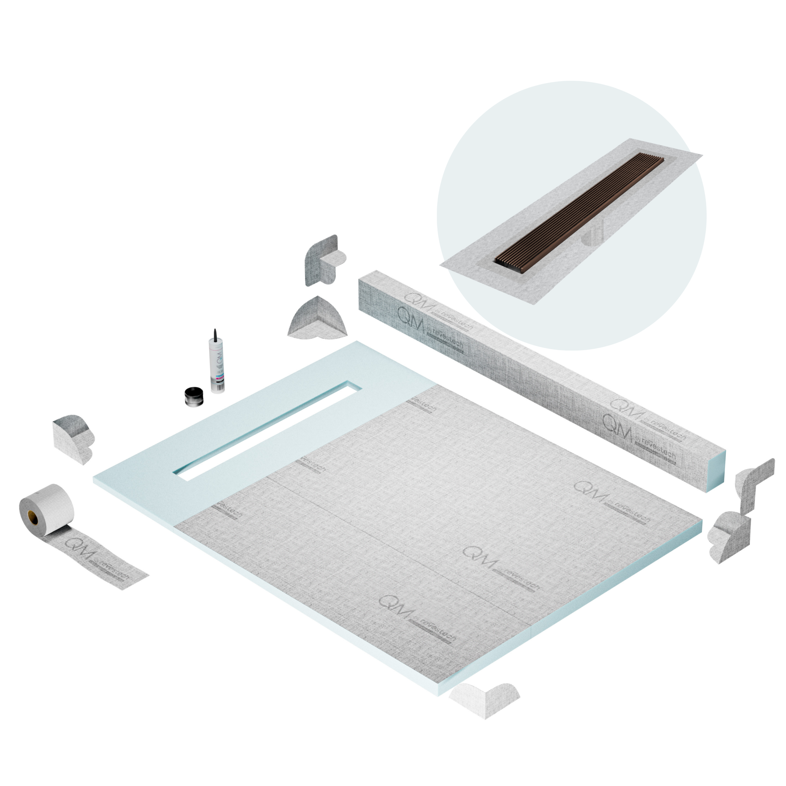 QM Shower Pan Kit 48" with a 36" Wedgewire Linear Drain Flange Edge in Bronze