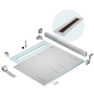 QM Shower Pan Kit 56″ with a 48″ Wedgewire Linear Drain Flange Edge in Bronze