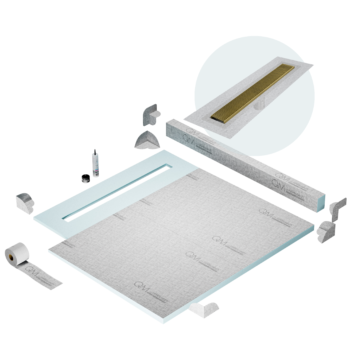 QM Shower Pan Kit 56" with a 48" Wedgewire Linear Drain Flange Edge in Gold