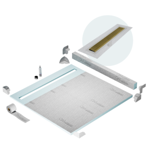 QM Shower Pan Kit 64″ with a 58″ Wedgewire Linear Drain Flange Edge in Gold